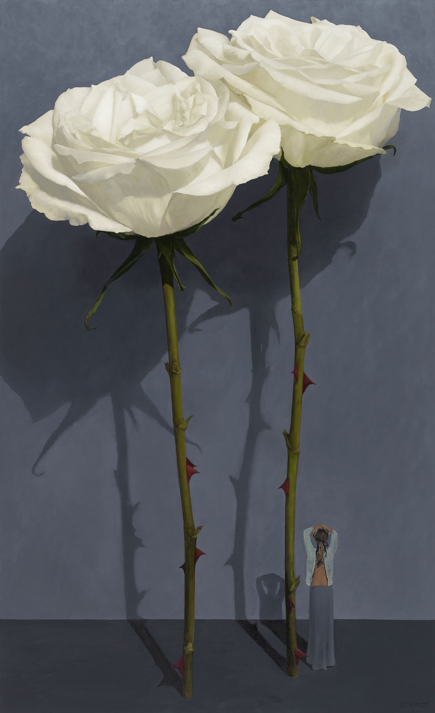 2 white roses with stems and thorns, dark background, shadows on wall, diminutive female figure, arms over head (Sophie)