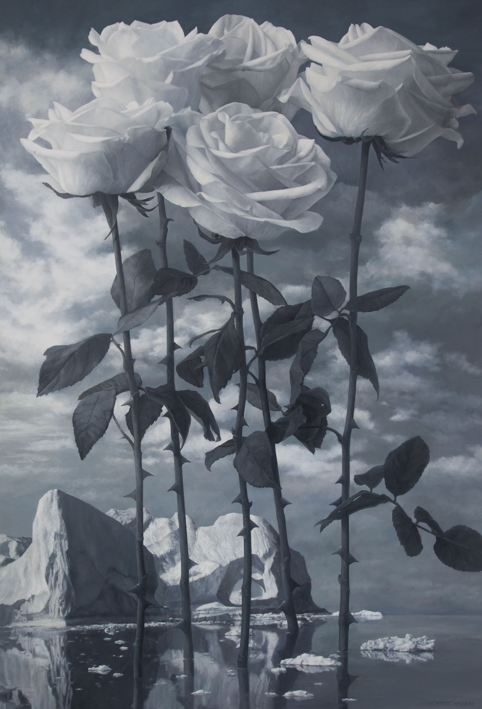 five white roses glacier sea, stormy sky, leaves on roses in black and white 