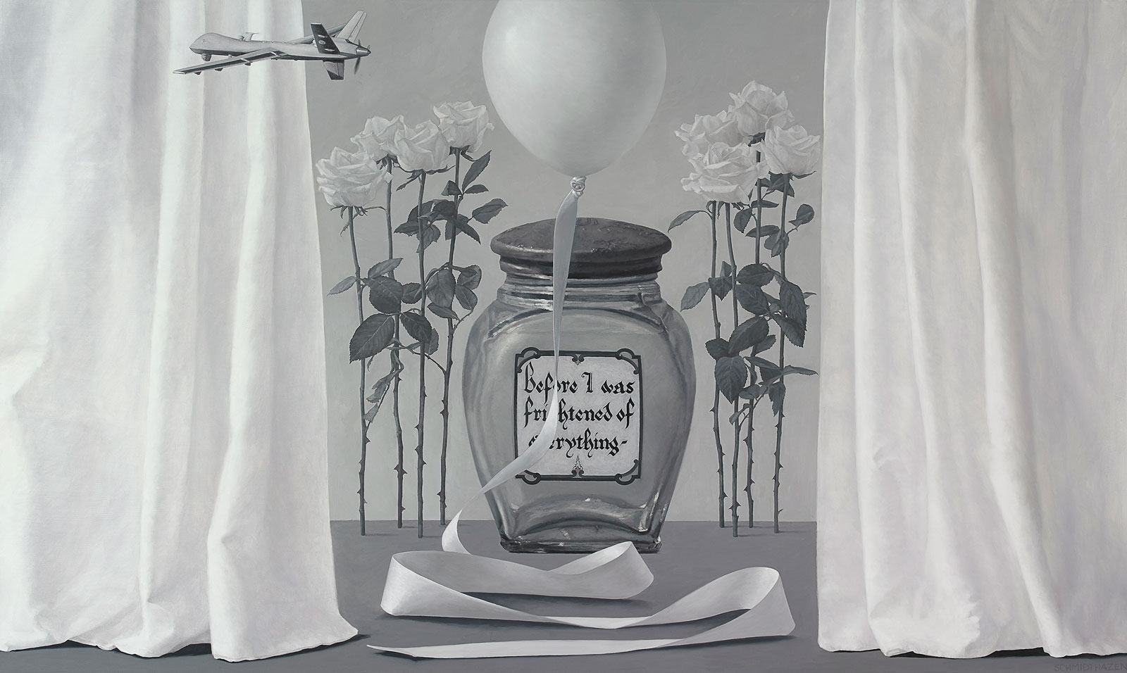 giant jar, memory written on label, balloon , roses, drone flying