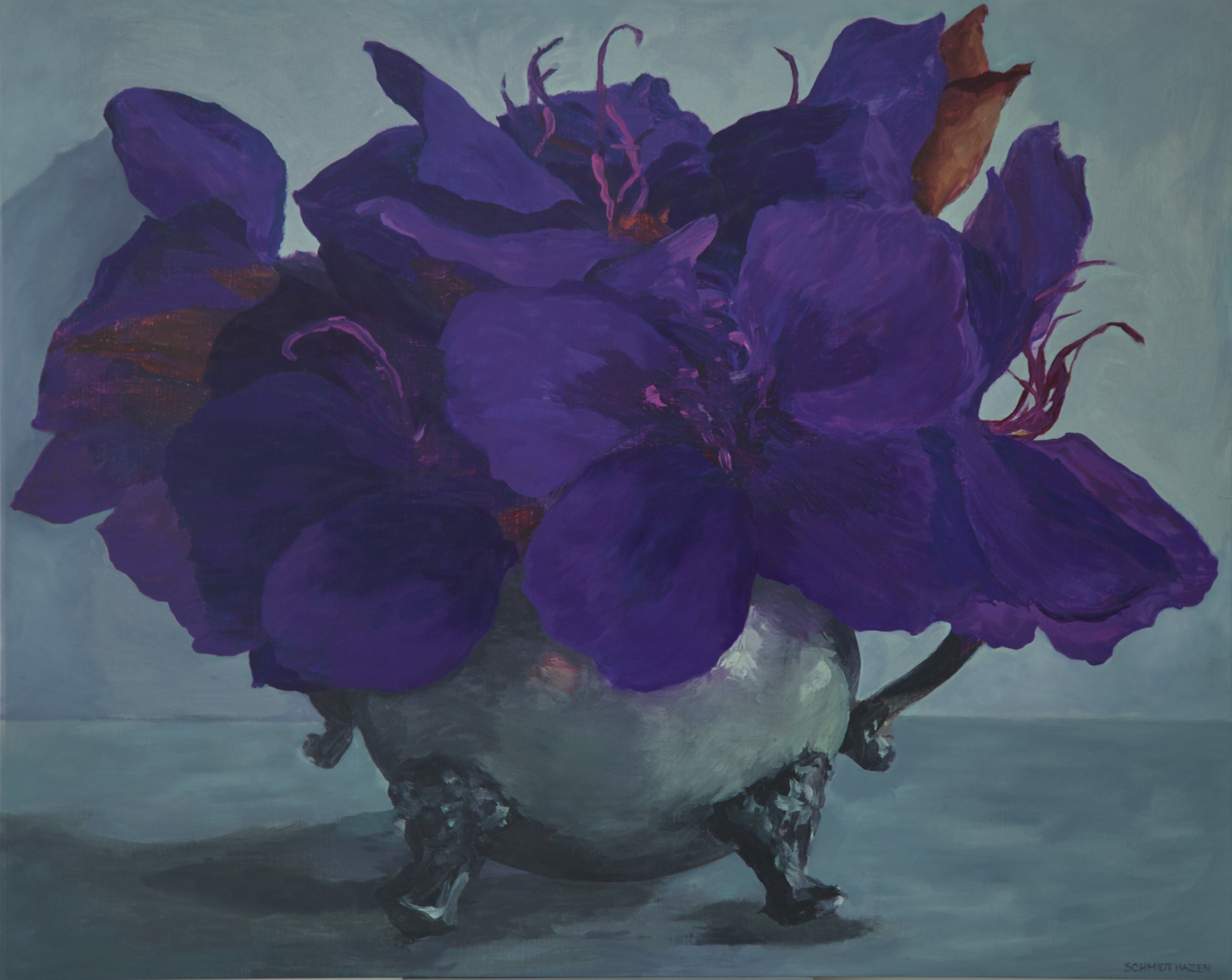 purple flowers silver vase