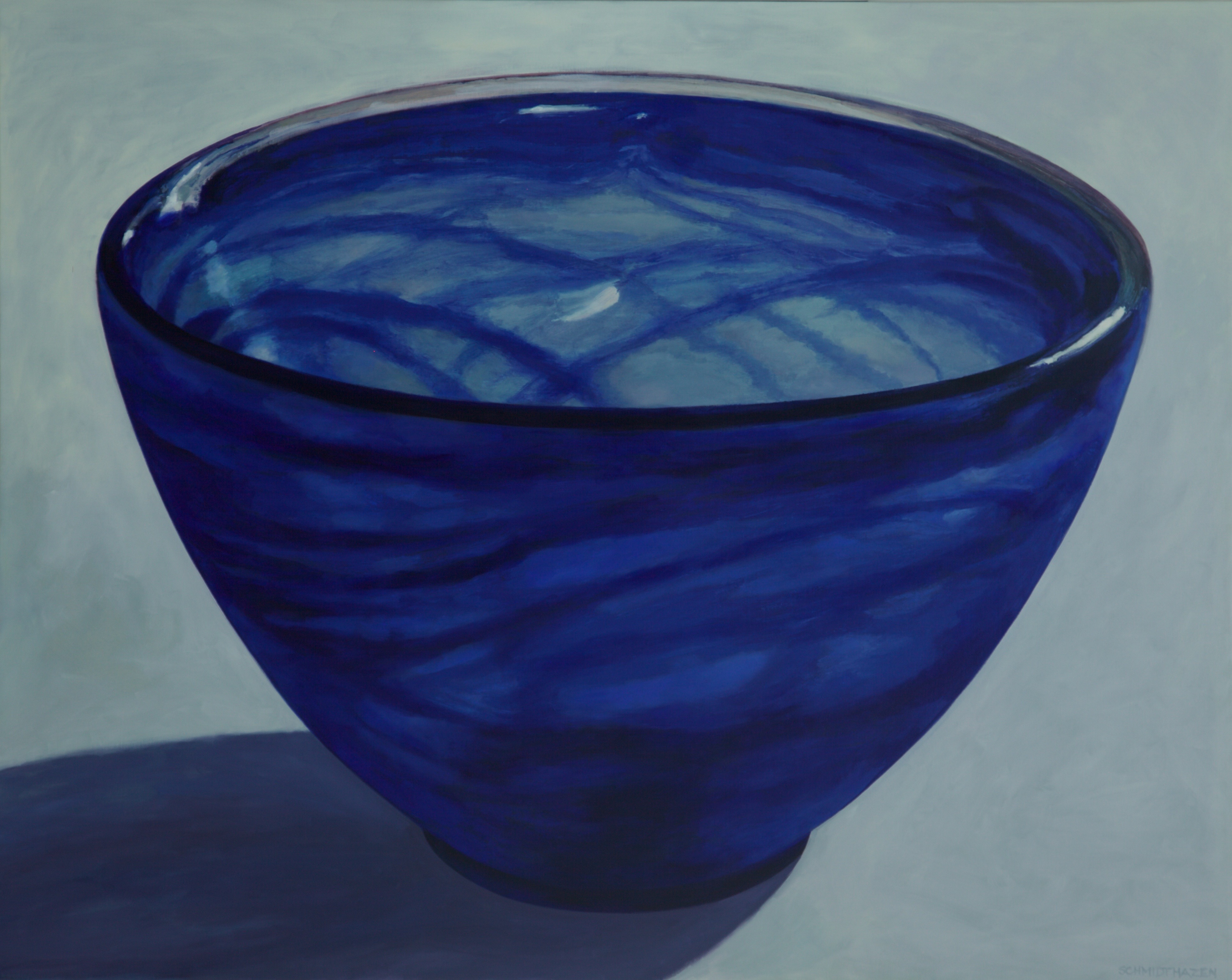 Swirling blue glass round bowl
