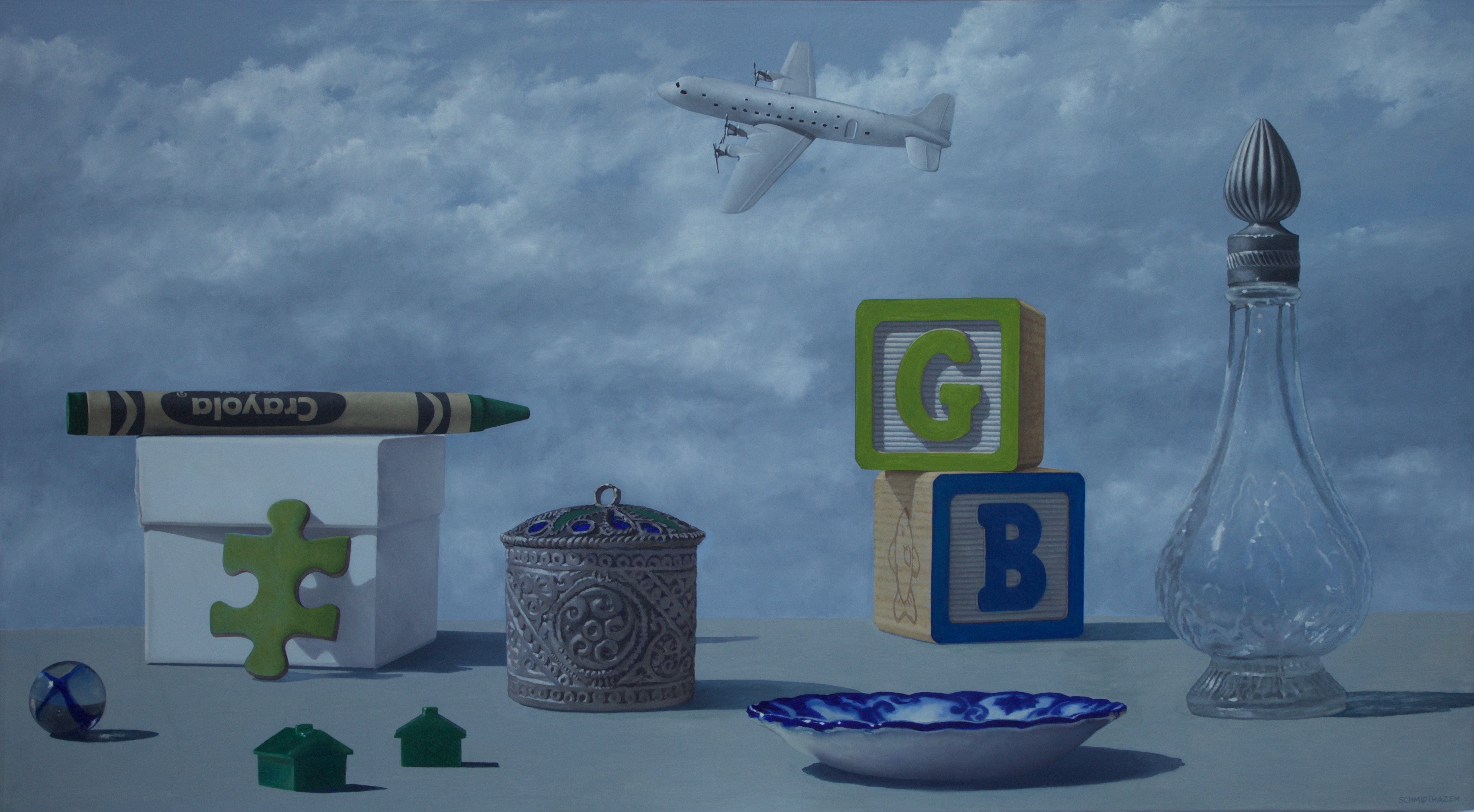still life landscape with objects, sky and airplane 