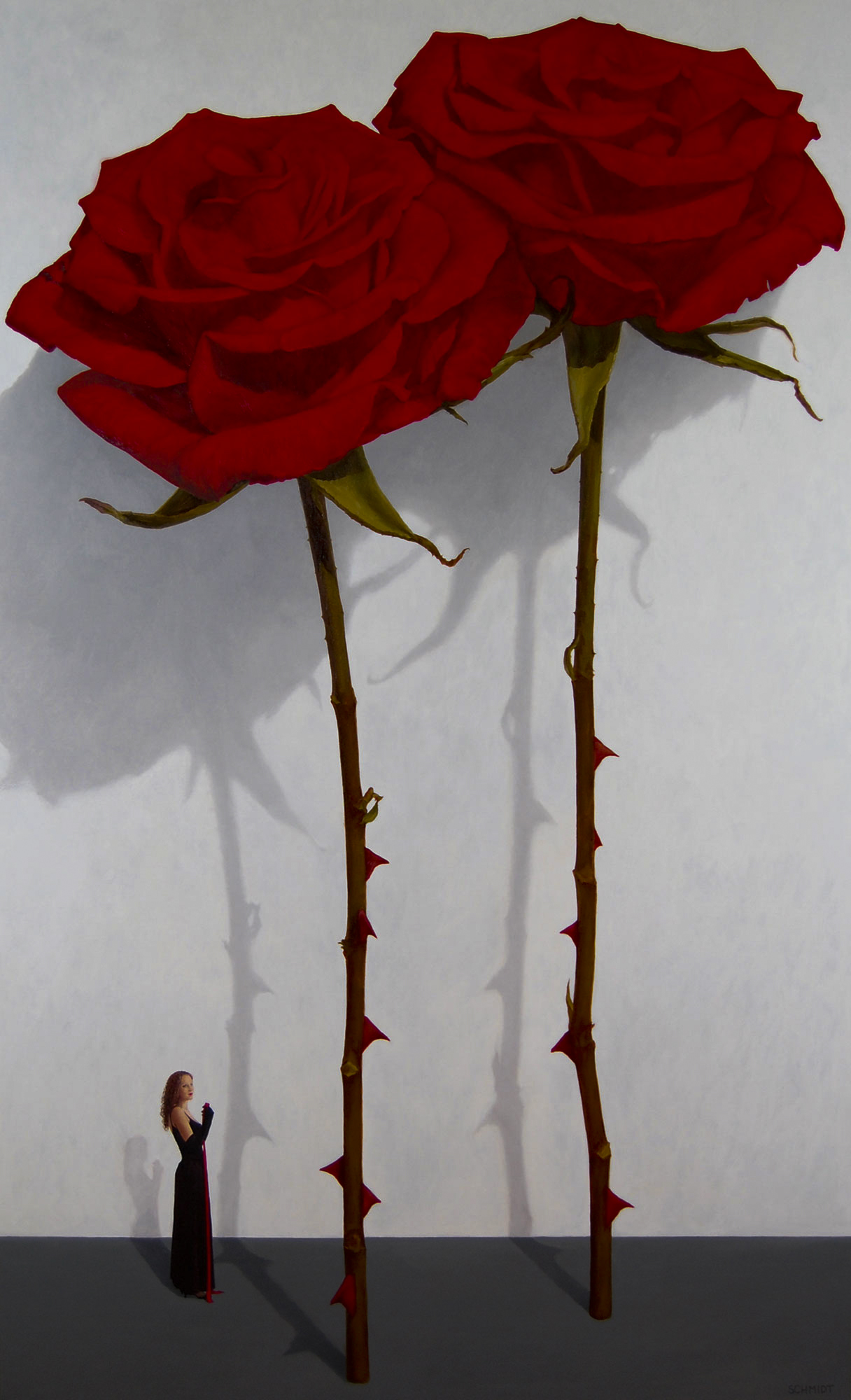 2 red roses, stems and thorns, white wall, shadows, diminutive female figure wearing evening gloves, holding ribbon, from side (Chelsea)