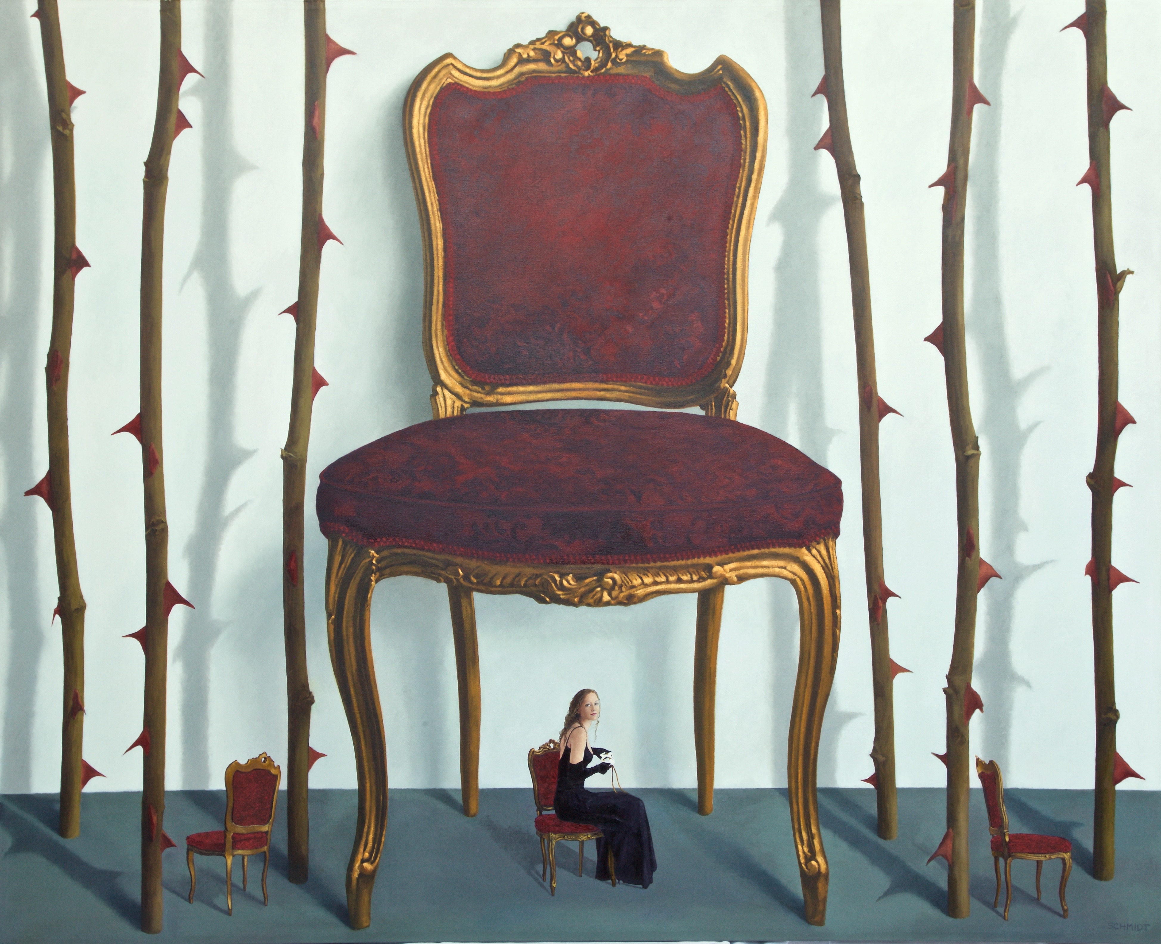 red chair with rose stems and thorns female figure sitting in a chair and two miniature chairs the same as the big one