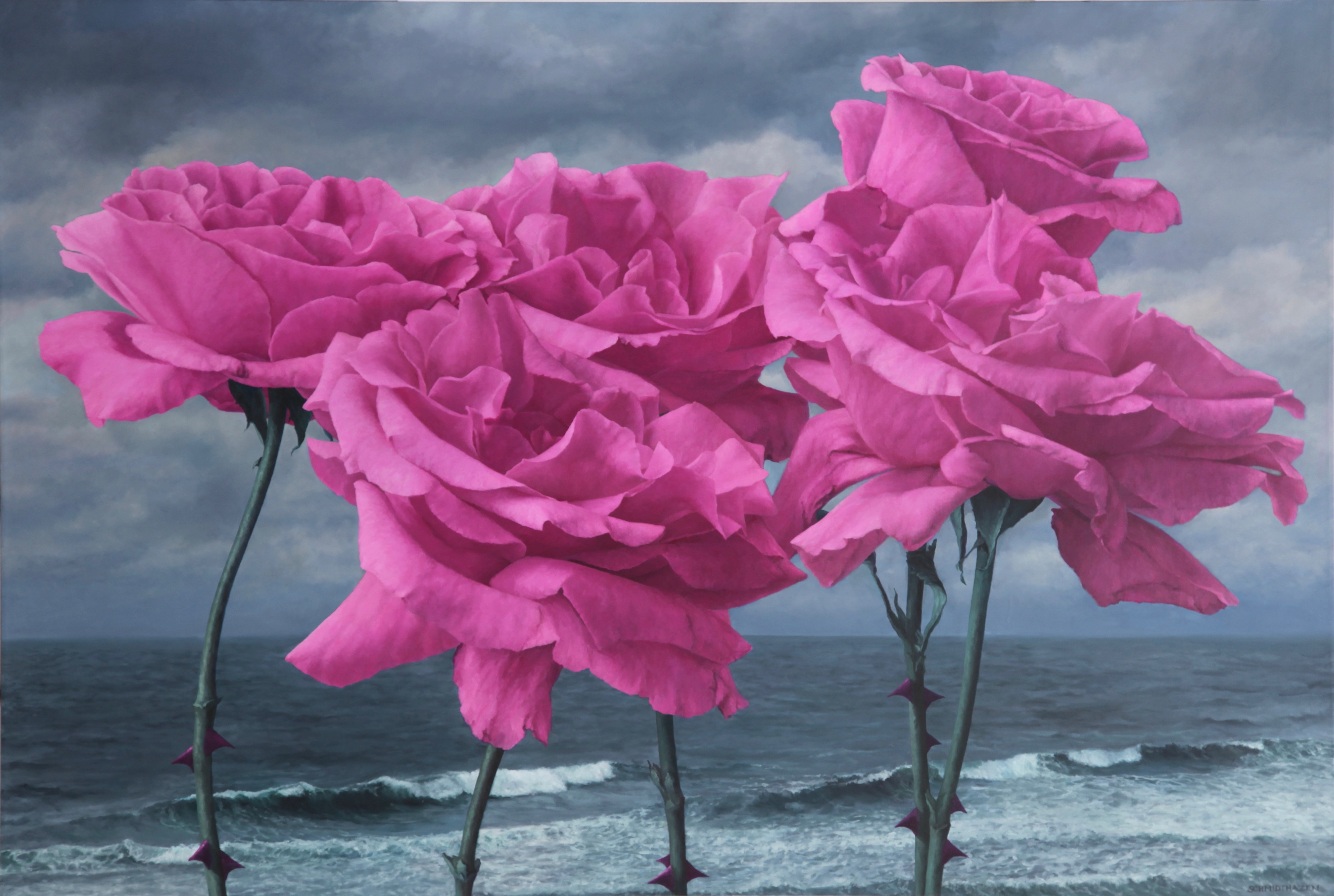5 giant pink roses horizontal stormy indigo sea stormy gray sky