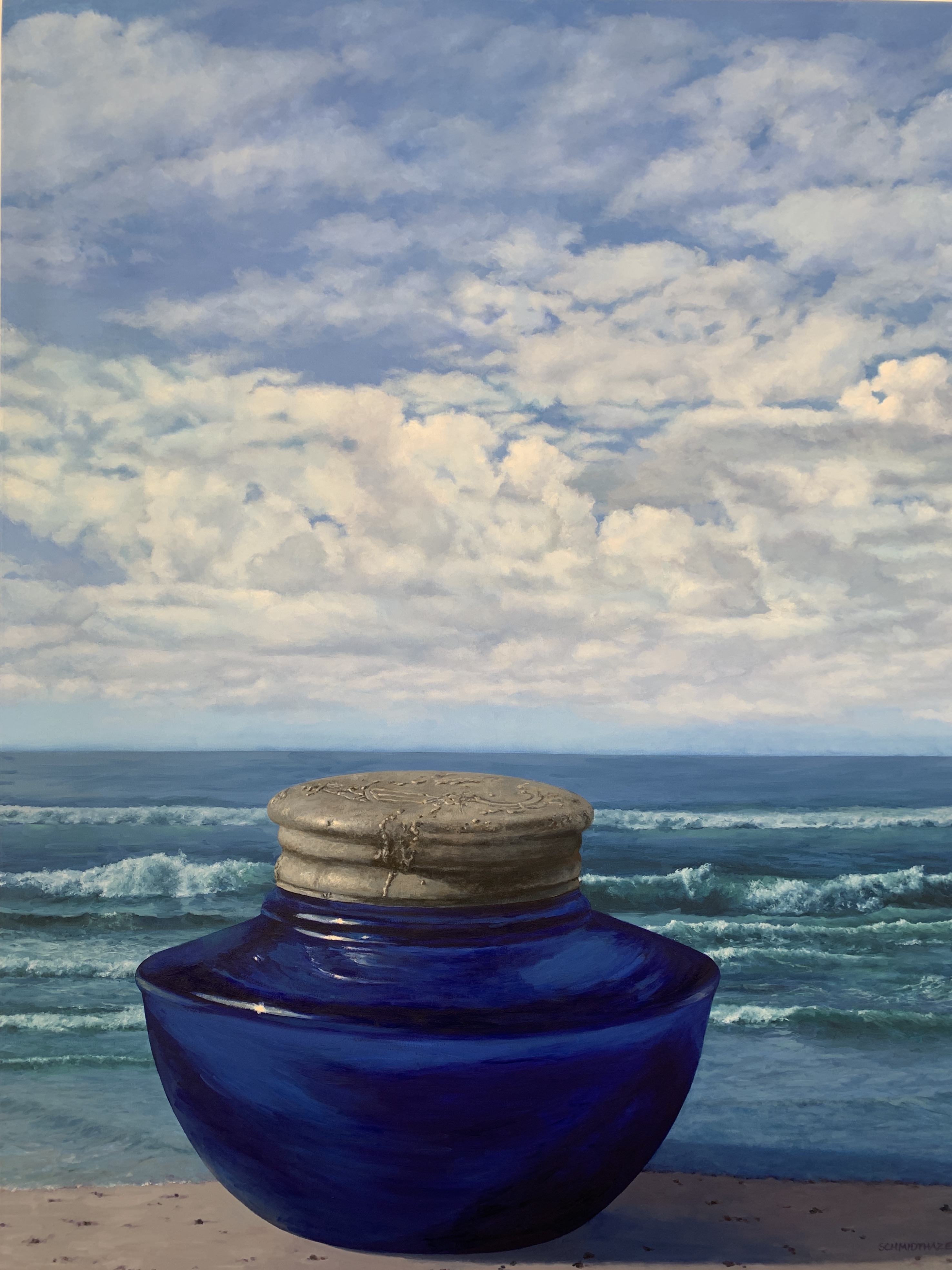 Blue glass jar, beach, sky