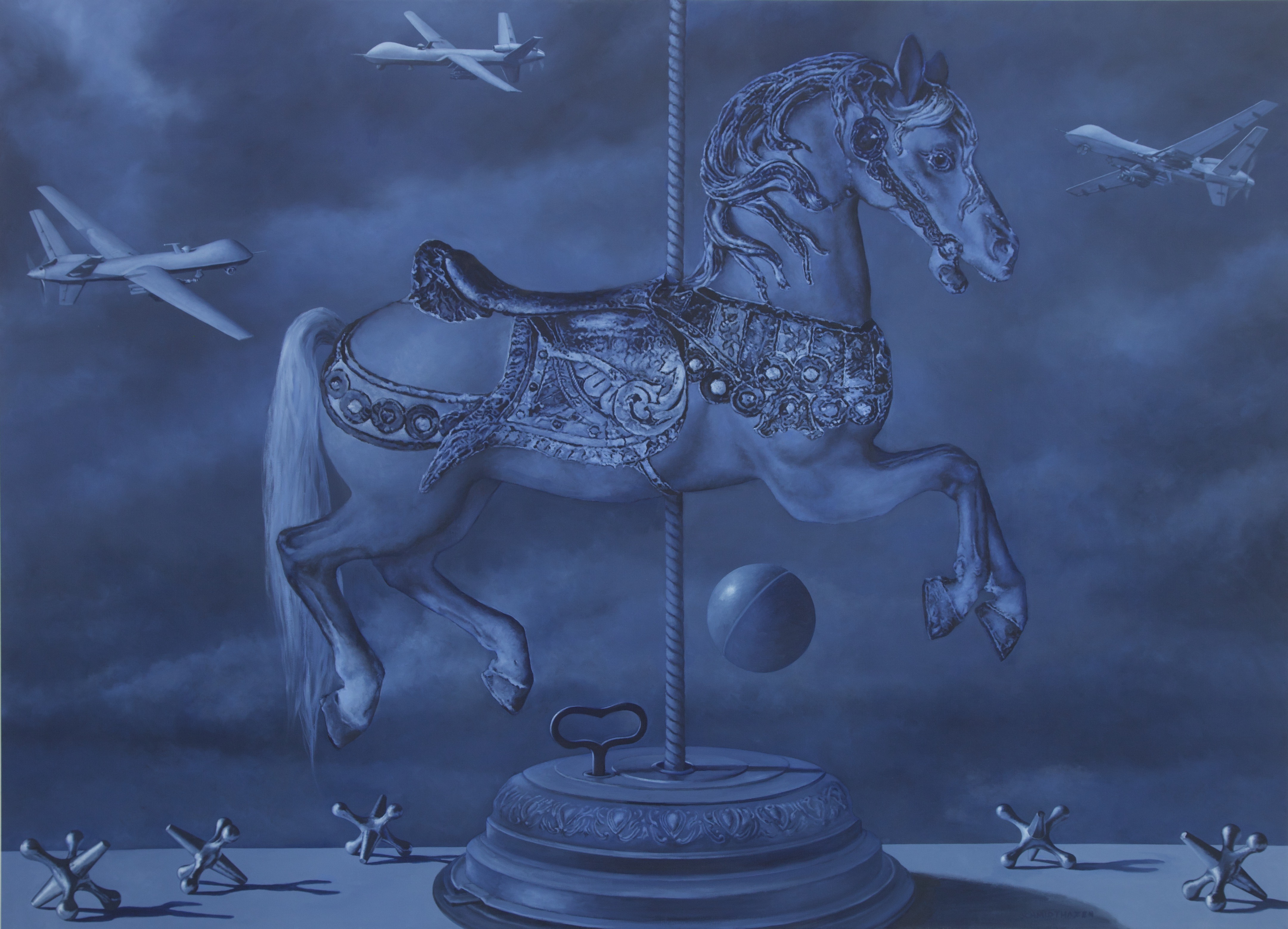 Carrousel horse, 3 army drones flying, jacks , ball , monochromatic blue